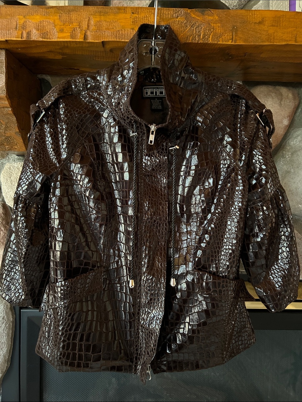 Berek 2 Dark Brown Shiny Full Zip Snake Print 3/4 Balloon Sleeve Jacket, Size S